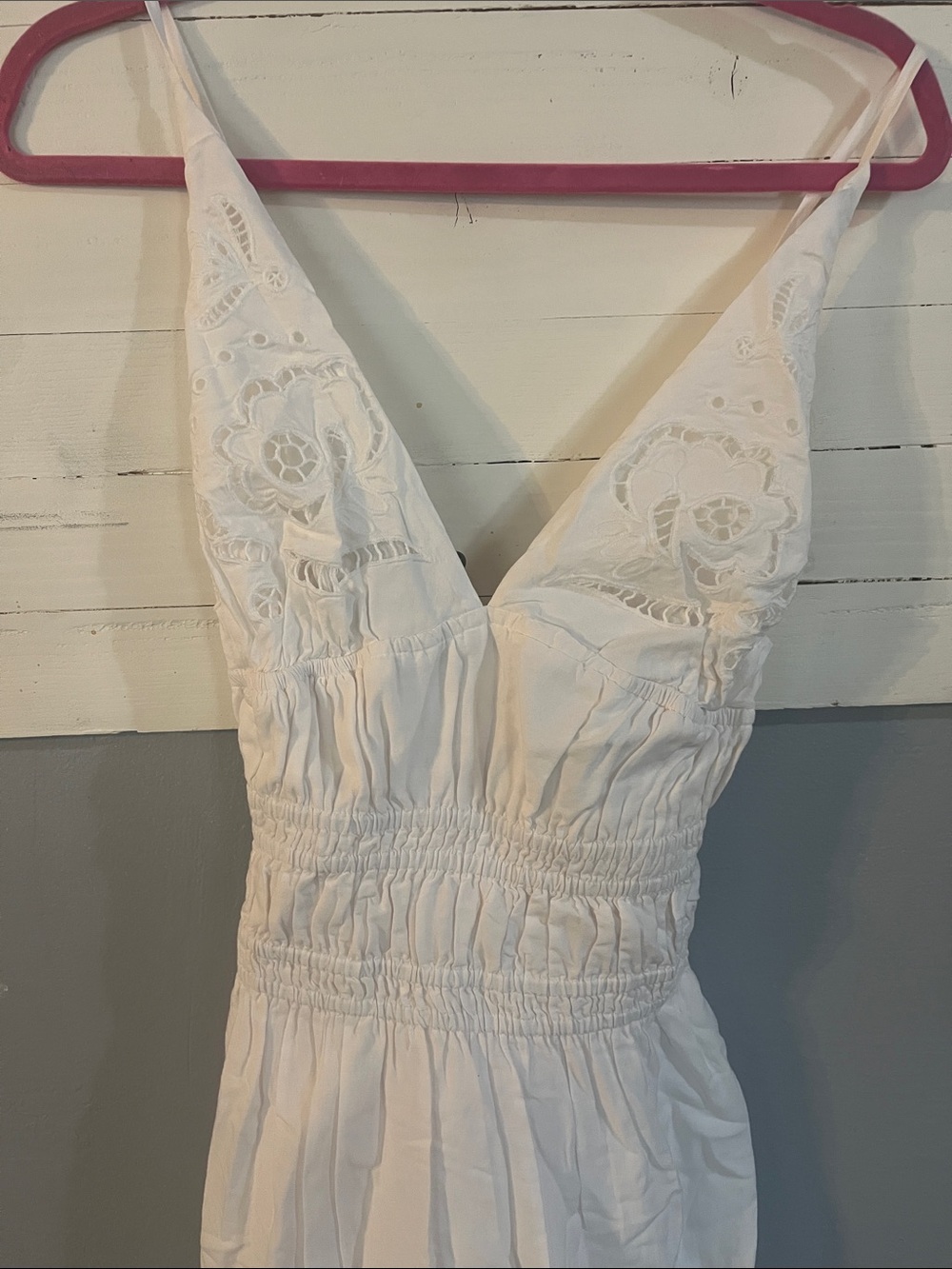 White Eyelet Smocked V-Neck Midi Dress - Picture 2 of 5